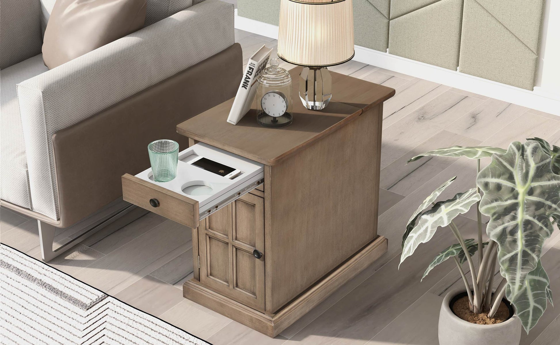 Classic Vintage Livingroom End Table Side Table With Usb Ports And One Multifunctional Drawer With Cup Holders, Antique Brown Old Sku: Wf296294Aad Antique Brown Solid Wood