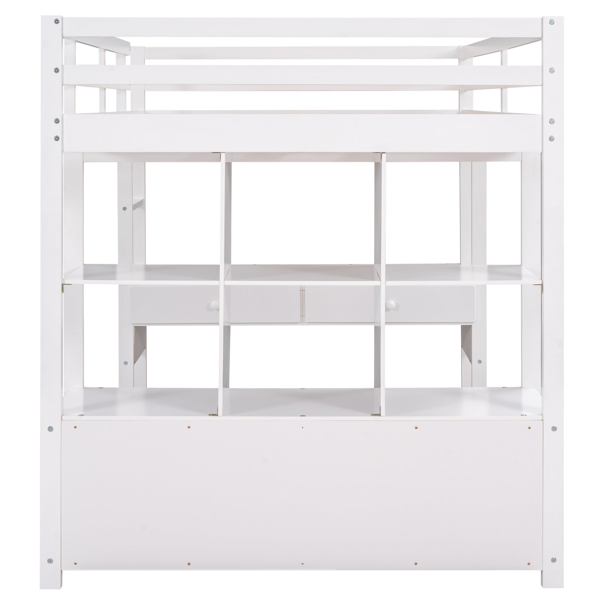 Full Size Loft Bed With Built In Desk With Two Drawers, And Storage Shelves And Drawers,White Box Spring Not Required Full White Wood Bedroom Pine