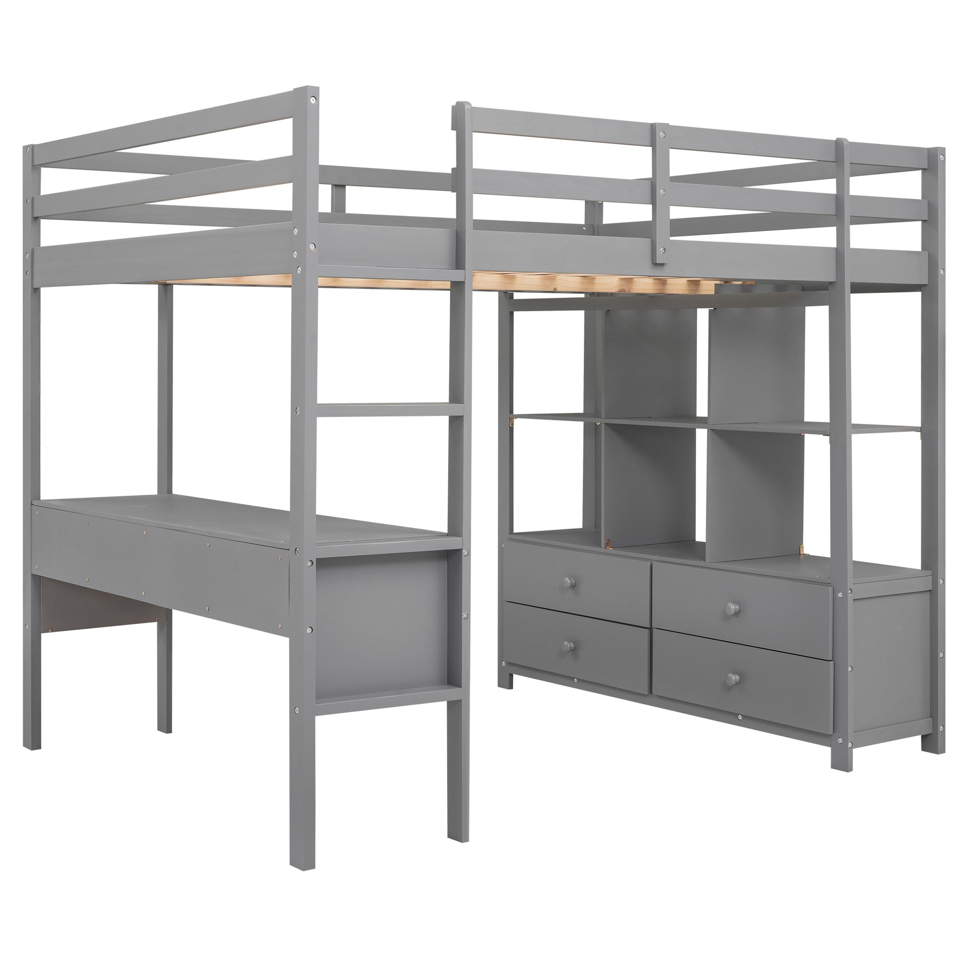 Full Size Loft Bed With Built In Desk With Two Drawers, And Storage Shelves And Drawers,Gray Old Sku: Gx000320Aae Box Spring Not Required Full Gray Wood Bedroom Pine