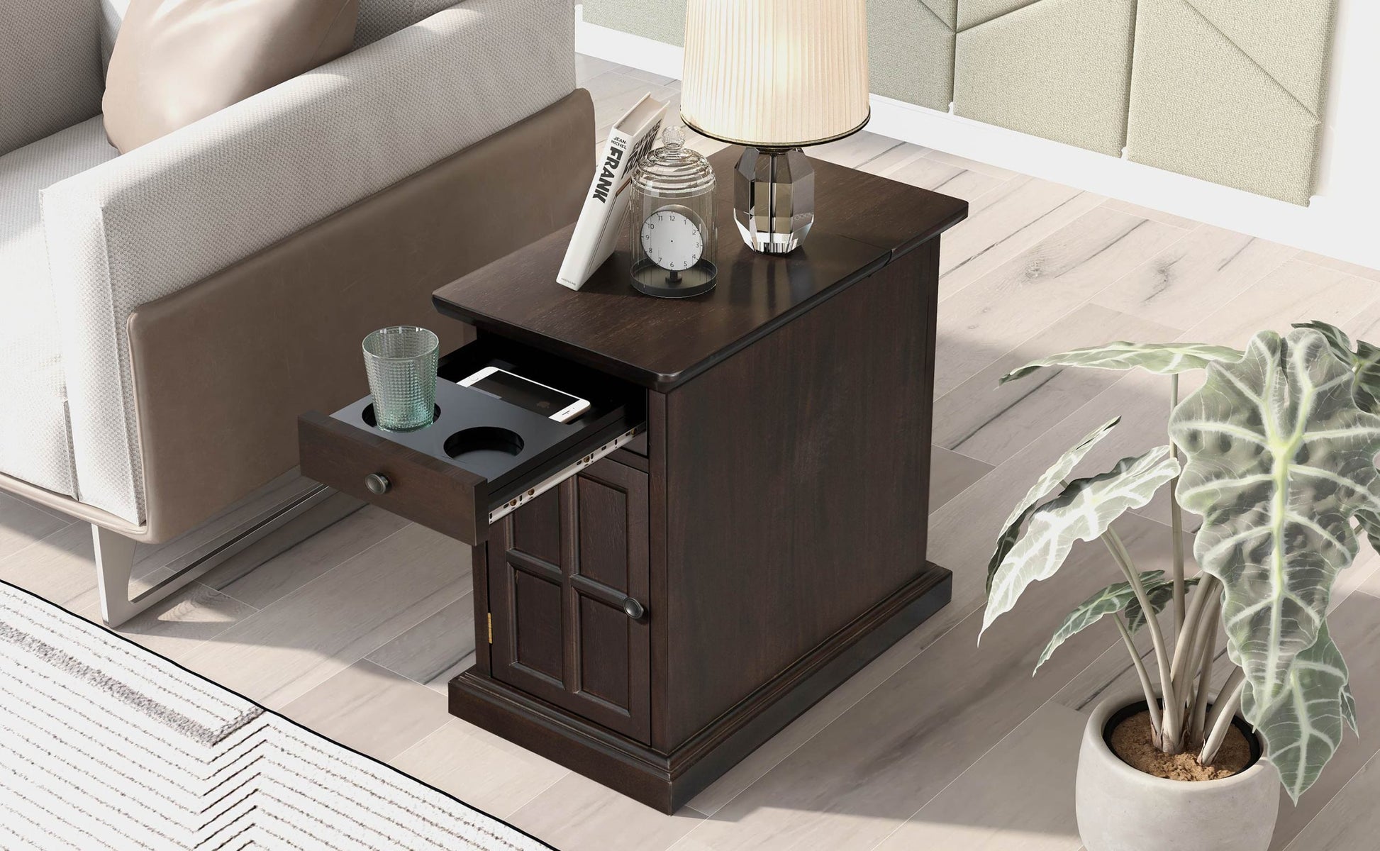 Classic Vintage Livingroom End Table Side Table With Usb Ports And One Multifunctional Drawer With Cup Holders, Antique Espresso Old Sku: Wf296294Aap Antique Espresso Solid Wood