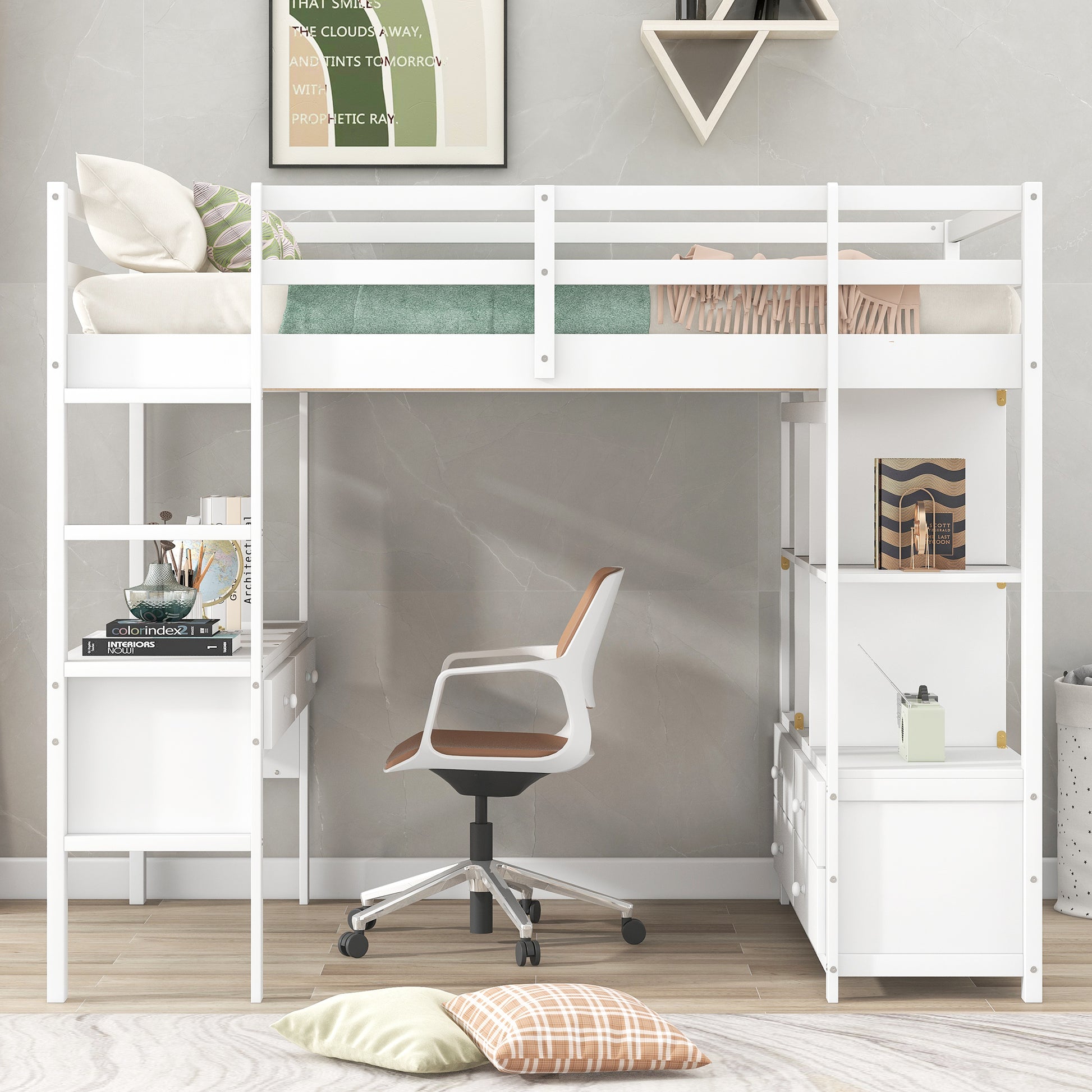 Full Size Loft Bed With Built In Desk With Two Drawers, And Storage Shelves And Drawers,White Box Spring Not Required Full White Wood Bedroom Pine