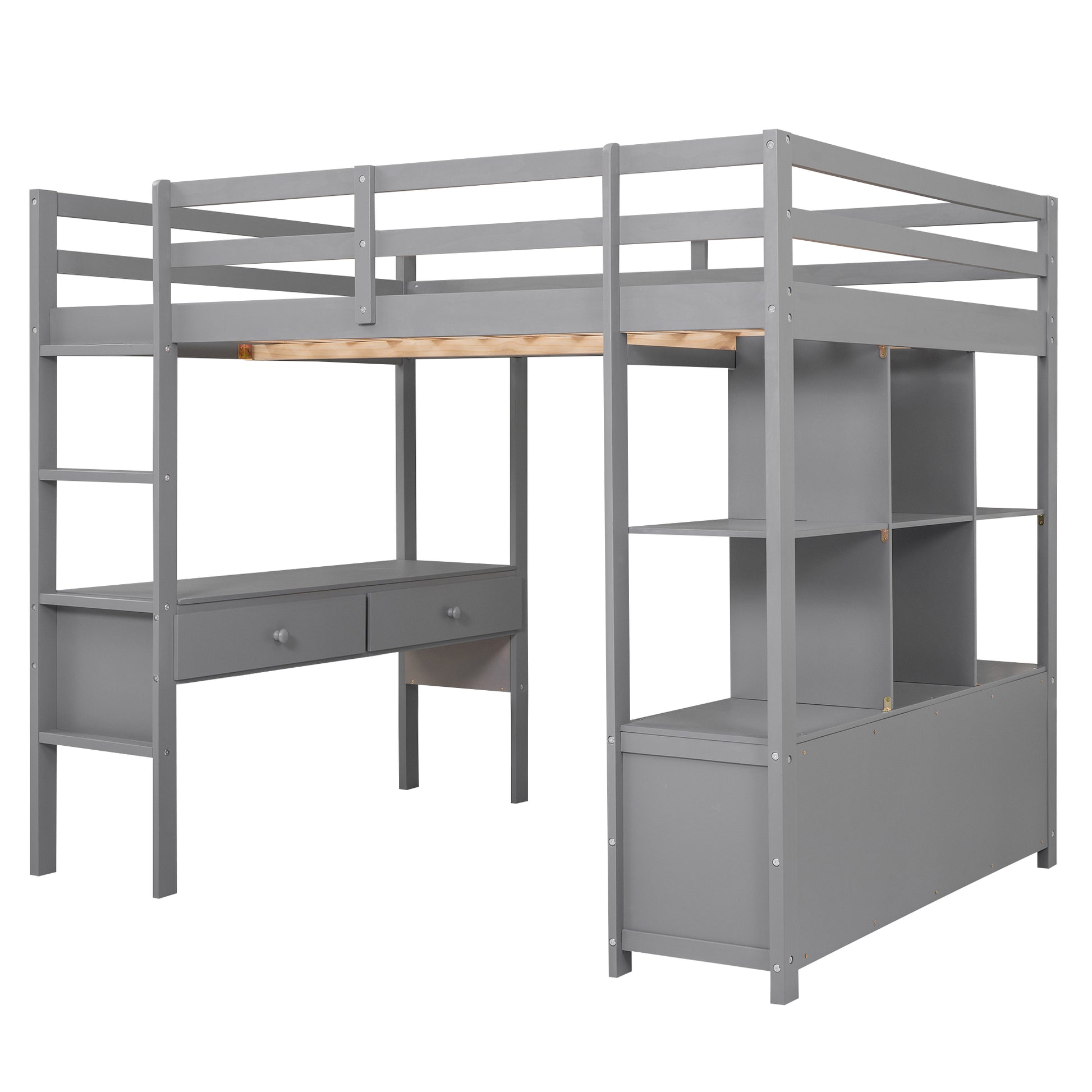 Full Size Loft Bed With Built In Desk With Two Drawers, And Storage Shelves And Drawers,Gray Old Sku: Gx000320Aae Box Spring Not Required Full Gray Wood Bedroom Pine