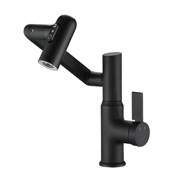 Bathroom Sink Faucet With Spray Function And Temperature Display For Anti Skid Switch And Hot & Cold And 360 Rotary Matte Black Brass