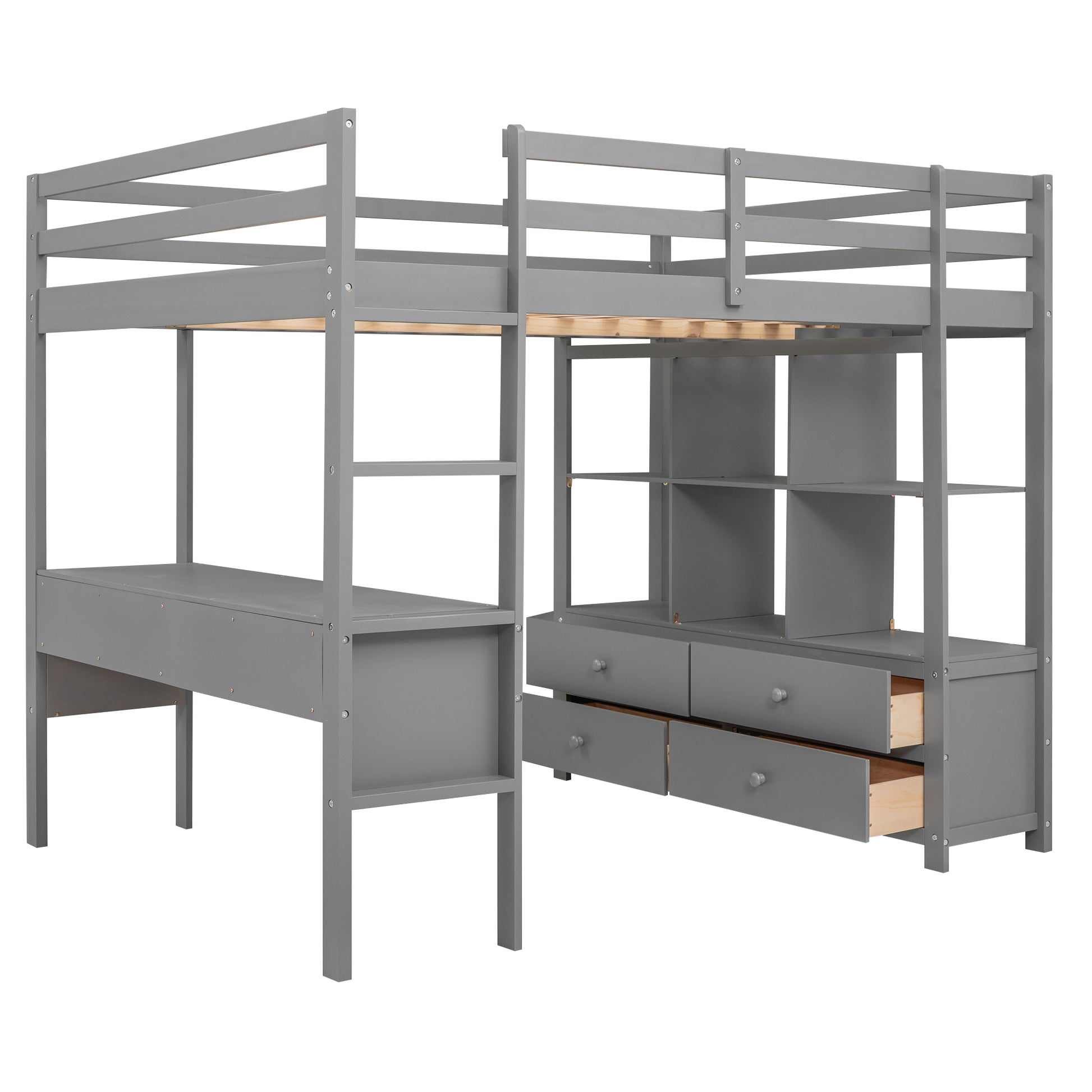 Full Size Loft Bed With Built In Desk With Two Drawers, And Storage Shelves And Drawers,Gray Old Sku: Gx000320Aae Box Spring Not Required Full Gray Wood Bedroom Pine