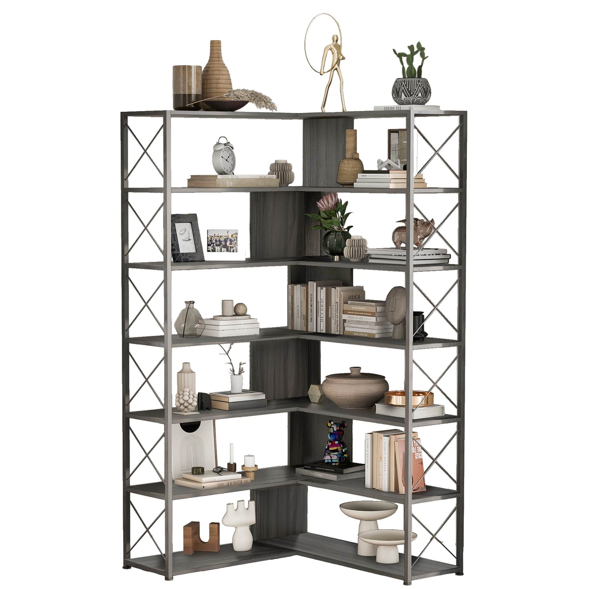 Silver Grey 7 Tier Bookcase Home Office Bookshelf, L Shaped Corner Bookcase With Metal Frame, Industrial Style Shelf With Open Storage, Mdf Board Silver Grey Mdf