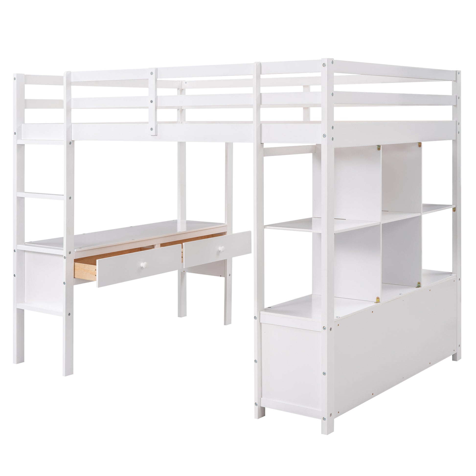 Full Size Loft Bed With Built In Desk With Two Drawers, And Storage Shelves And Drawers,White Box Spring Not Required Full White Wood Bedroom Pine