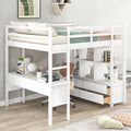 Full Size Loft Bed With Built In Desk With Two Drawers, And Storage Shelves And Drawers,White Box Spring Not Required Full White Wood Bedroom Pine