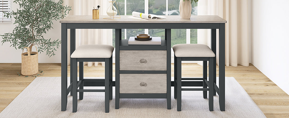 Farmhouse Rustic 3 Piece Counter Height Wood Dining Table Set With Cabinet,2 Storage Drawers And 2 Stools For Small Places, Gray And Distressed Light Gray Upholstered Chair Wood Gray Seats 2 Gray Wood Dining Room Farmhouse Rubberwood Rectangular Foam