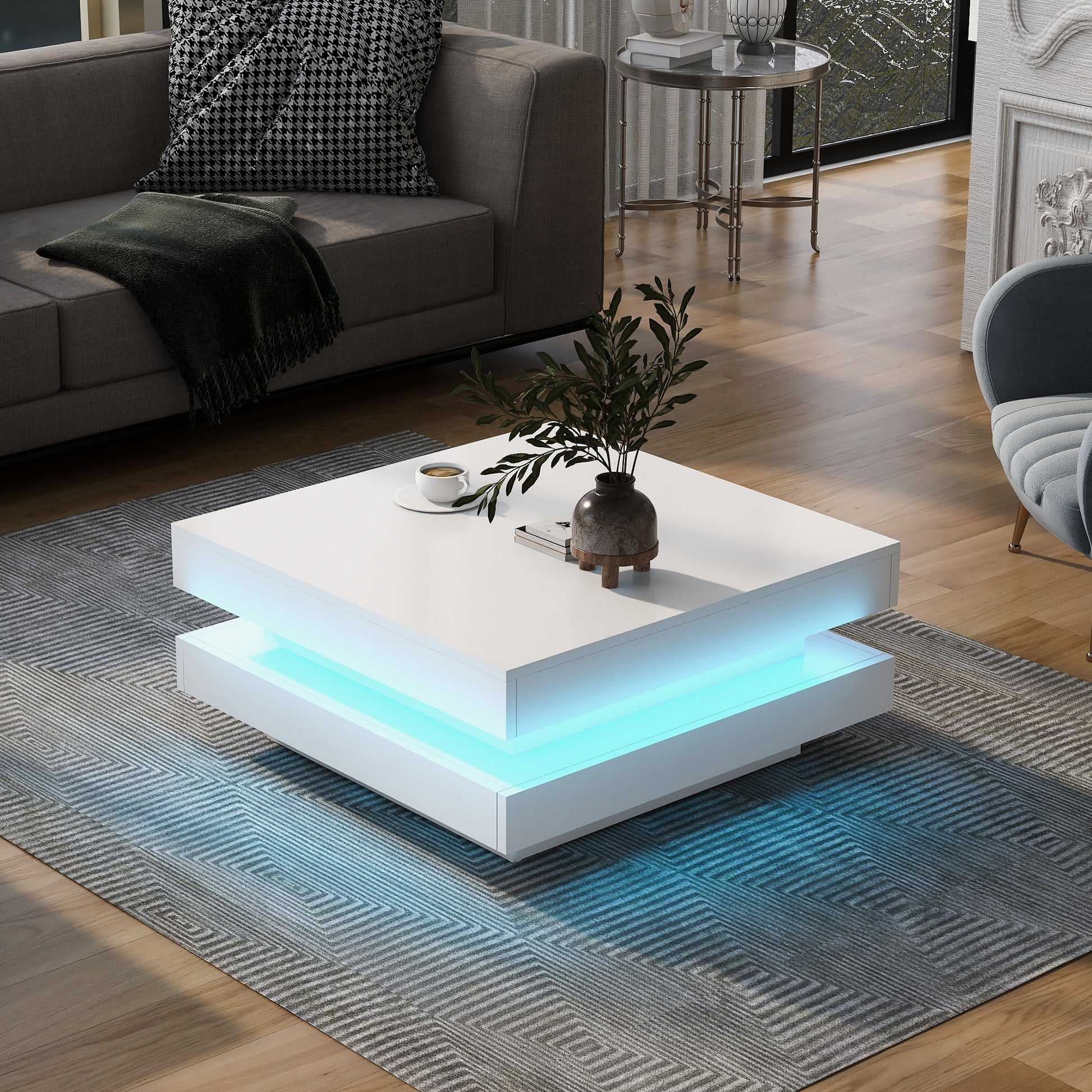 High Gloss Minimalist Design With Led Lights, 2 Tier Square Coffee Table, Center Table For Living Room, 31.5''X31.5''X14.2'', White White Particle Board