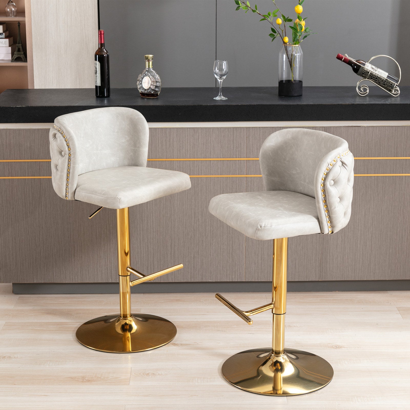 Swivel Barstools Adjusatble Seat Height, Modern Pu Upholstered Bar Stools With The Whole Back Tufted, For Home Pub And Kitchen Island Beige, Set Of 2 Beige Foam Pu Leather