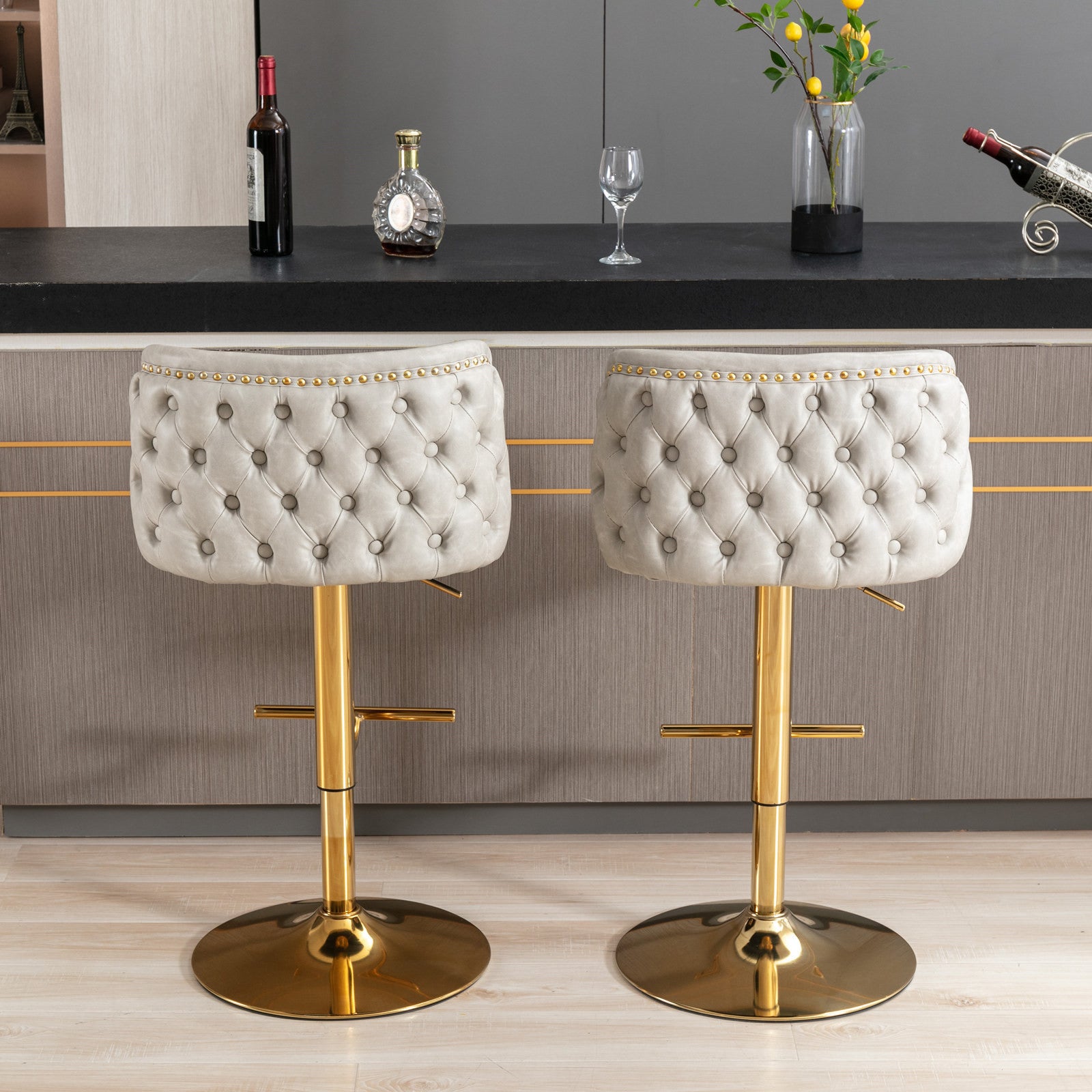 Swivel Barstools Adjusatble Seat Height, Modern Pu Upholstered Bar Stools With The Whole Back Tufted, For Home Pub And Kitchen Island Beige, Set Of 2 Beige Foam Pu Leather