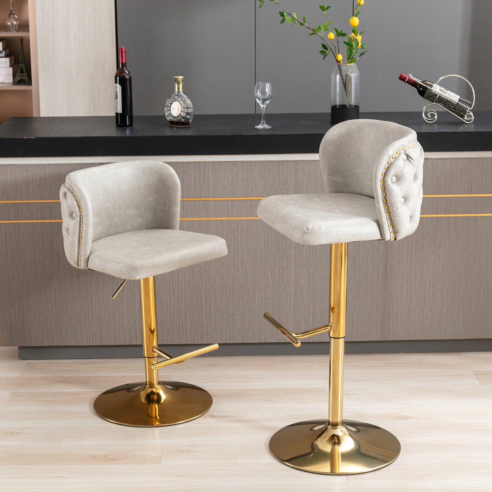 Swivel Barstools Adjusatble Seat Height, Modern Pu Upholstered Bar Stools With The Whole Back Tufted, For Home Pub And Kitchen Island Beige, Set Of 2 Beige Foam Pu Leather