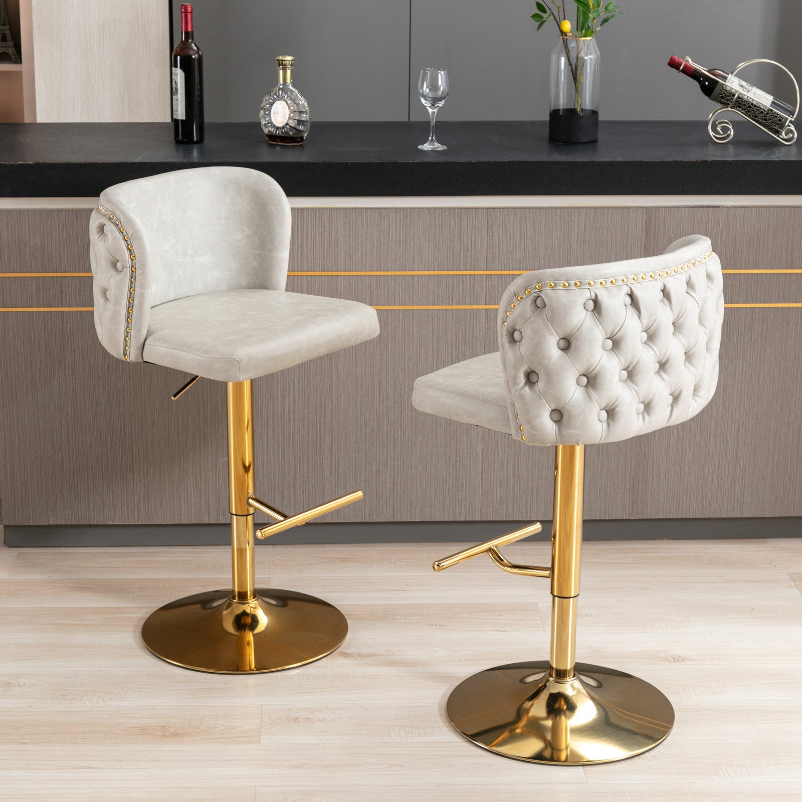 Swivel Barstools Adjusatble Seat Height, Modern Pu Upholstered Bar Stools With The Whole Back Tufted, For Home Pub And Kitchen Island Beige, Set Of 2 Beige Foam Pu Leather