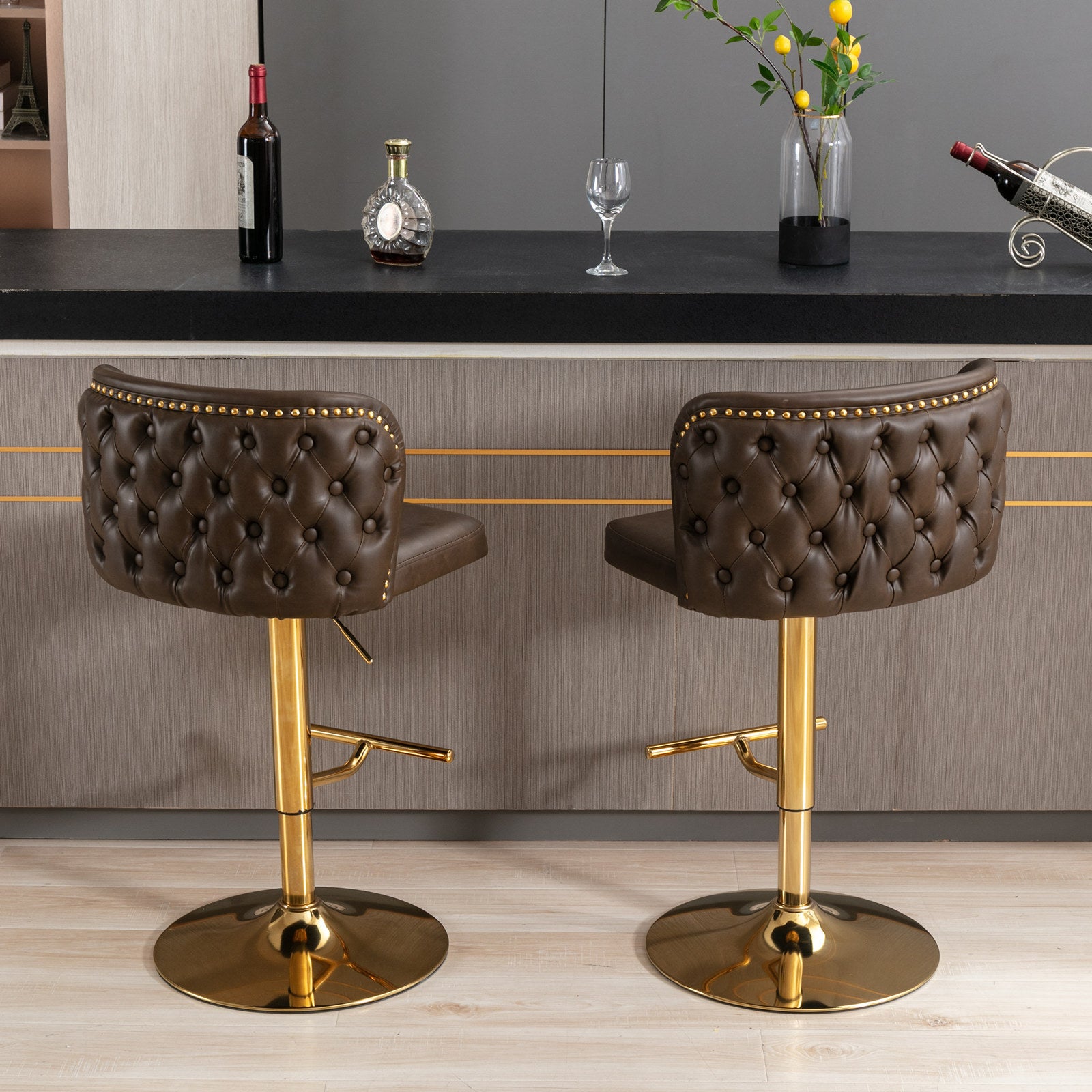 Swivel Barstools Adjusatble Seat Height, Modern Pu Upholstered Bar Stools With The Whole Back Tufted, For Home Pub And Kitchen Island Brown, Set Of 2 Brown Foam Pu Leather