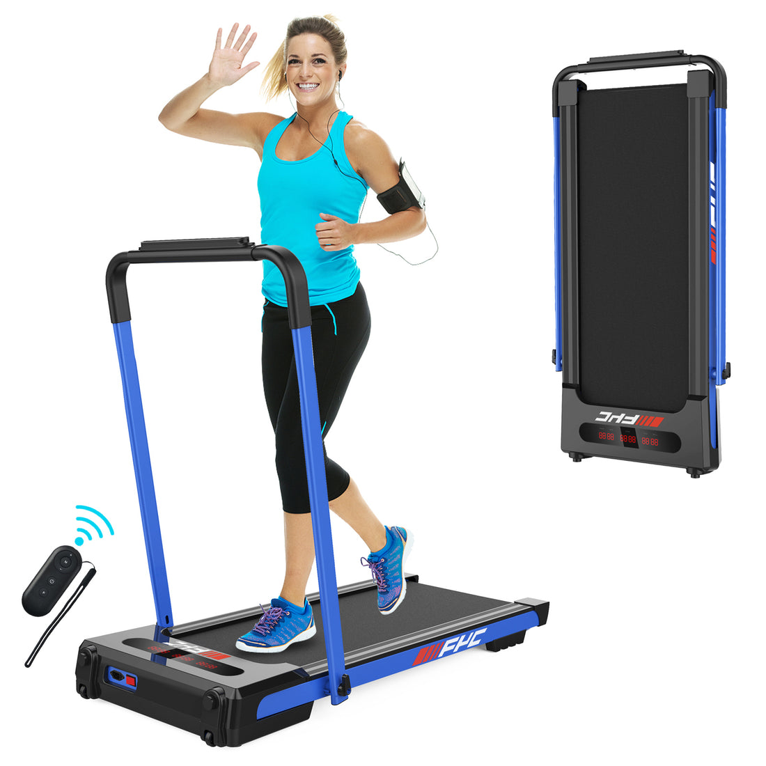 2 In 1 Under Desk Treadmill 3.5 Hp Folding Treadmill For Home, Installation Free Foldable Treadmill Compact Electric Running Machine, Remote Control & Led Display Walking Running Jogging, Blue Blue Steel