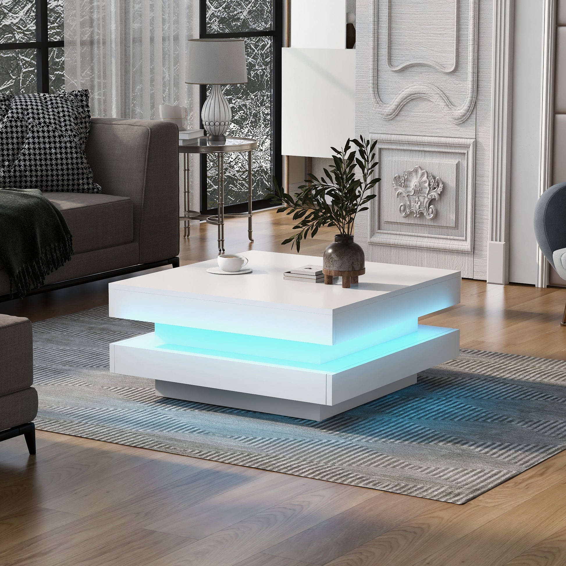 High Gloss Minimalist Design With Led Lights, 2 Tier Square Coffee Table, Center Table For Living Room, 31.5''X31.5''X14.2'', White White Particle Board