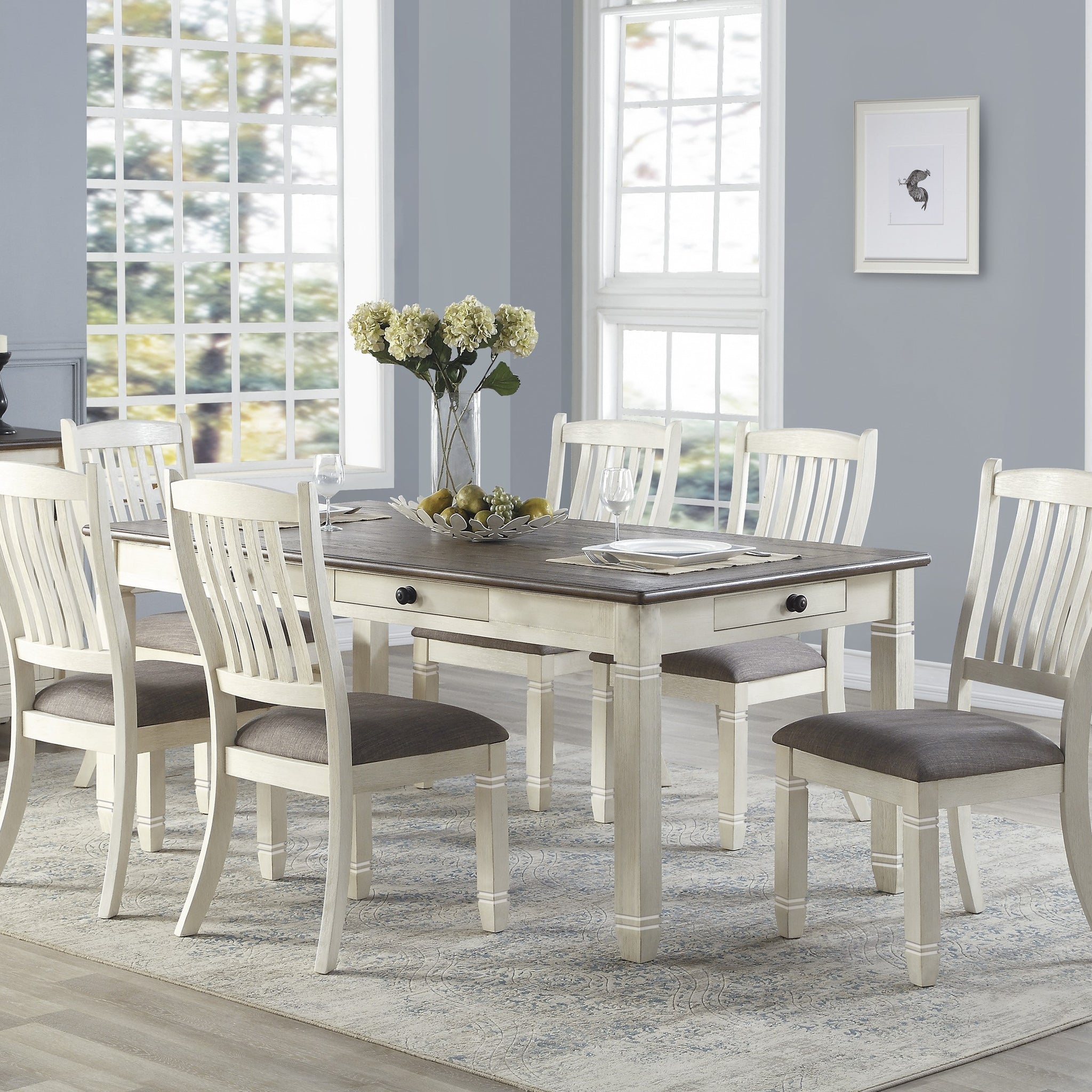 Antique White Finish Dining 7Pc Set Table With 6X Drawers And 6X Side Chairs Upholstered Seats Casual Style Dining Room Furniture Wood Wood Antique White Seats 6 Wood Dining Room Dining Table With Chair Wood