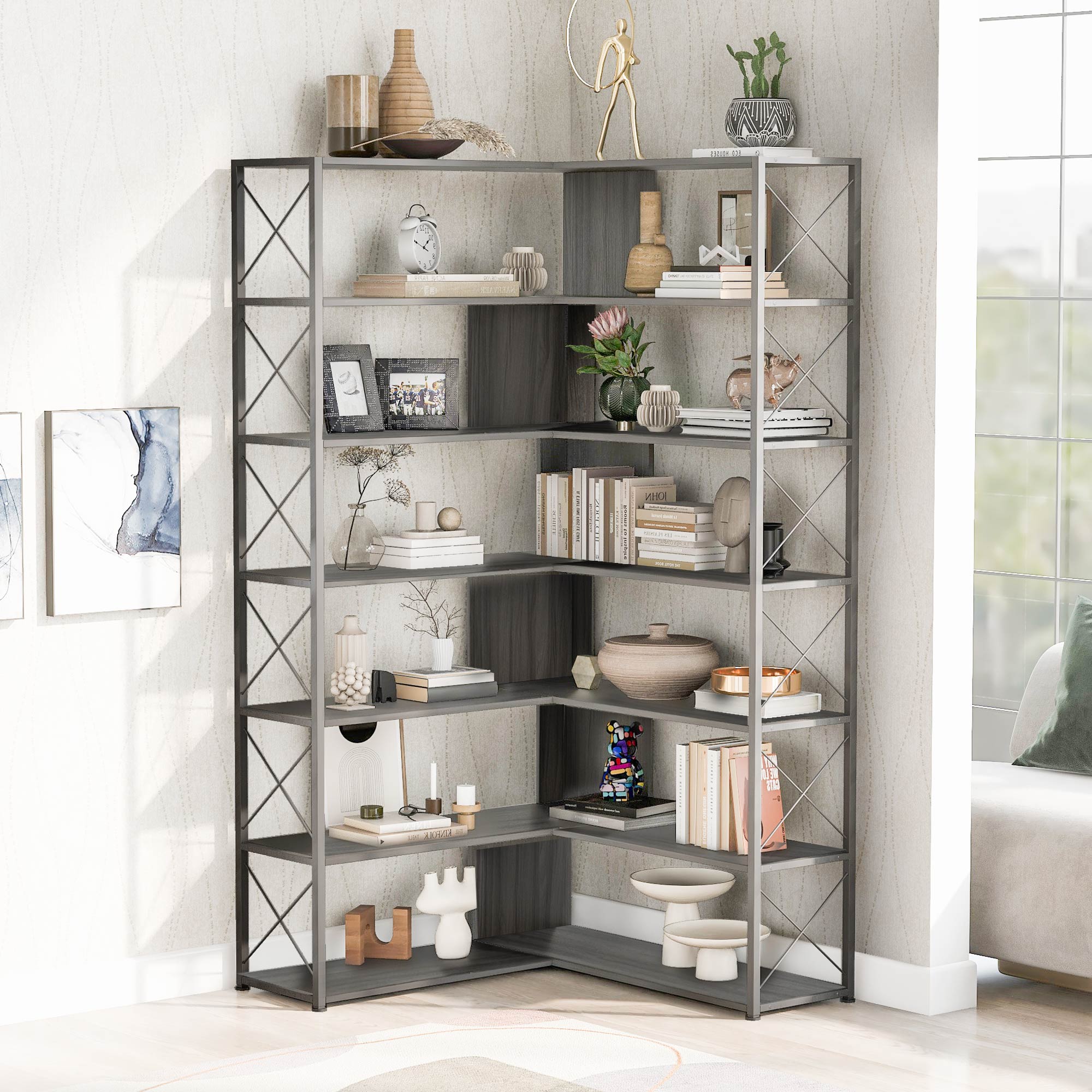 Silver Grey 7 Tier Bookcase Home Office Bookshelf, L Shaped Corner Boo