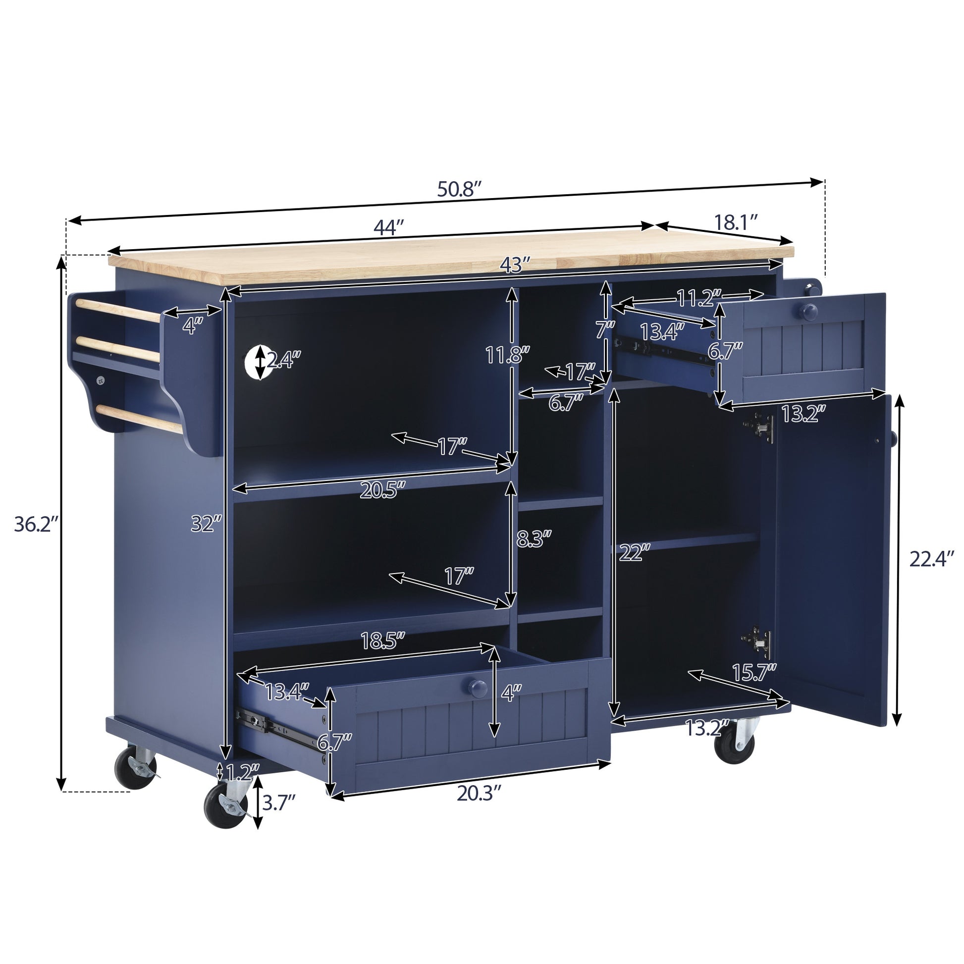 Kitchen Island Cart with Storage Cabinet and Two dark blue-mdf