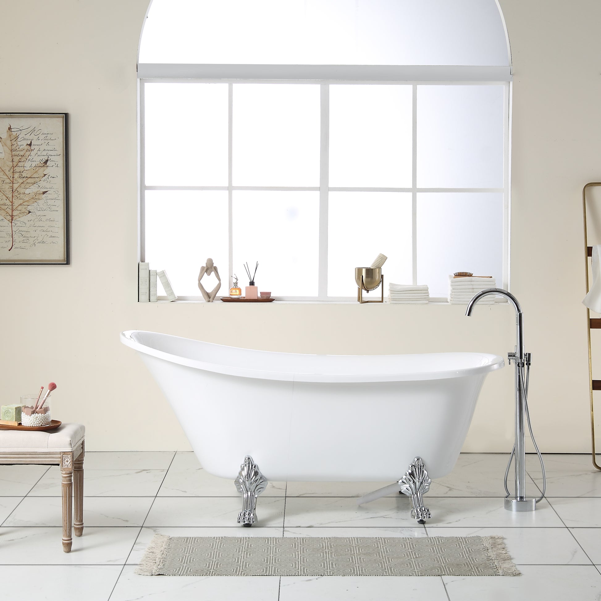 67"L X 31.5"W Acrylic Art Freestanding Alone White Soaking Bathtub With Brushed Nickel Overflow And Pop Up Drain White Acrylic