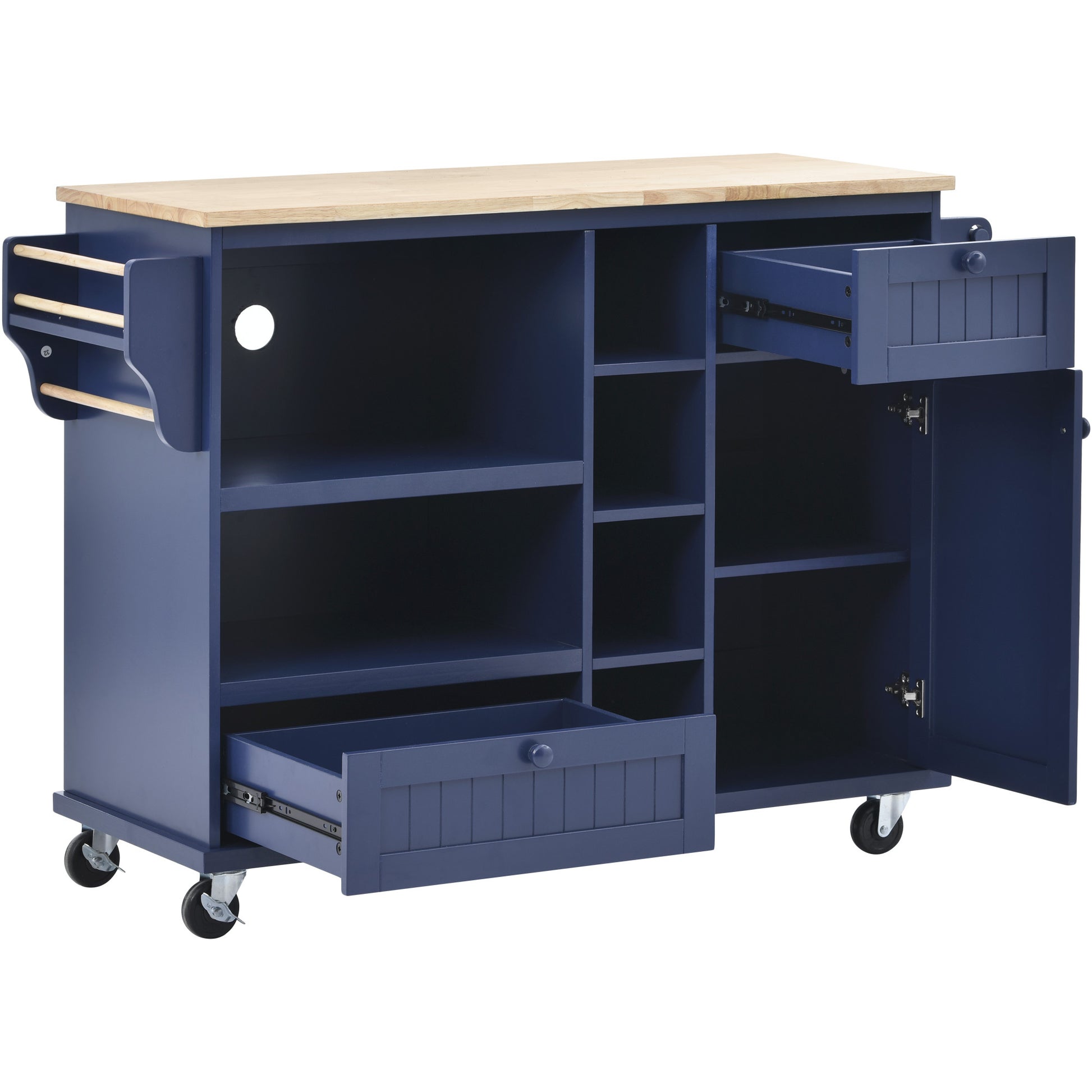 Kitchen Island Cart With Storage Cabinet And Two Locking Wheels,Solid Wood Desktop,Microwave Cabinet,Floor Standing Buffet Server Sideboard For Kitchen Room,Dining Room, Bathroom Dark Blue Dark Blue Mdf