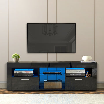 Black Morden Tv Stand With Led Lights,High Glossy Front Tv Cabinet,Can Be Assembled In Lounge Room, Living Room Or Bedroom,Color:Black Black 50 59 Inches Particle Board