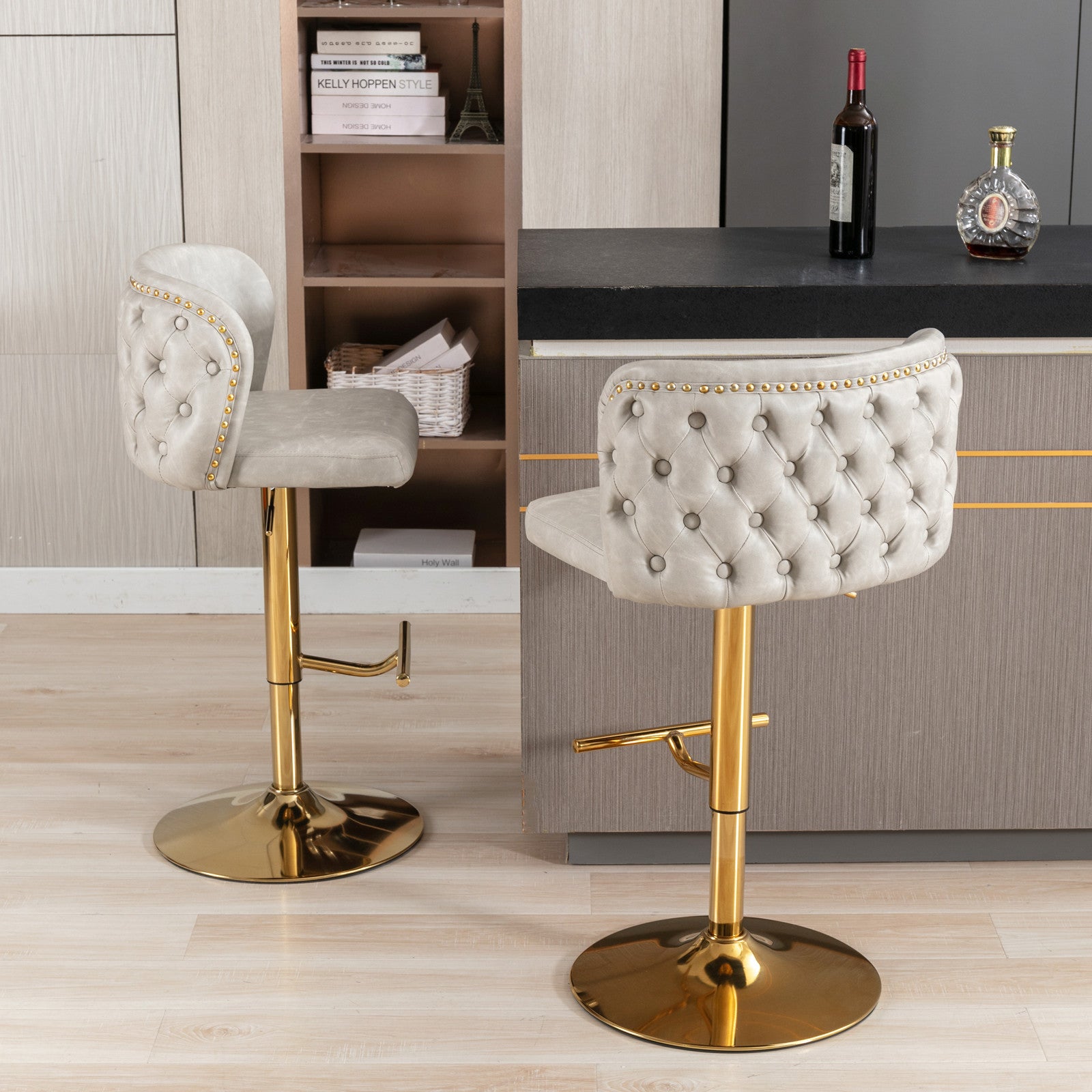 Swivel Barstools Adjusatble Seat Height, Modern Pu Upholstered Bar Stools With The Whole Back Tufted, For Home Pub And Kitchen Island Beige, Set Of 2 Beige Foam Pu Leather