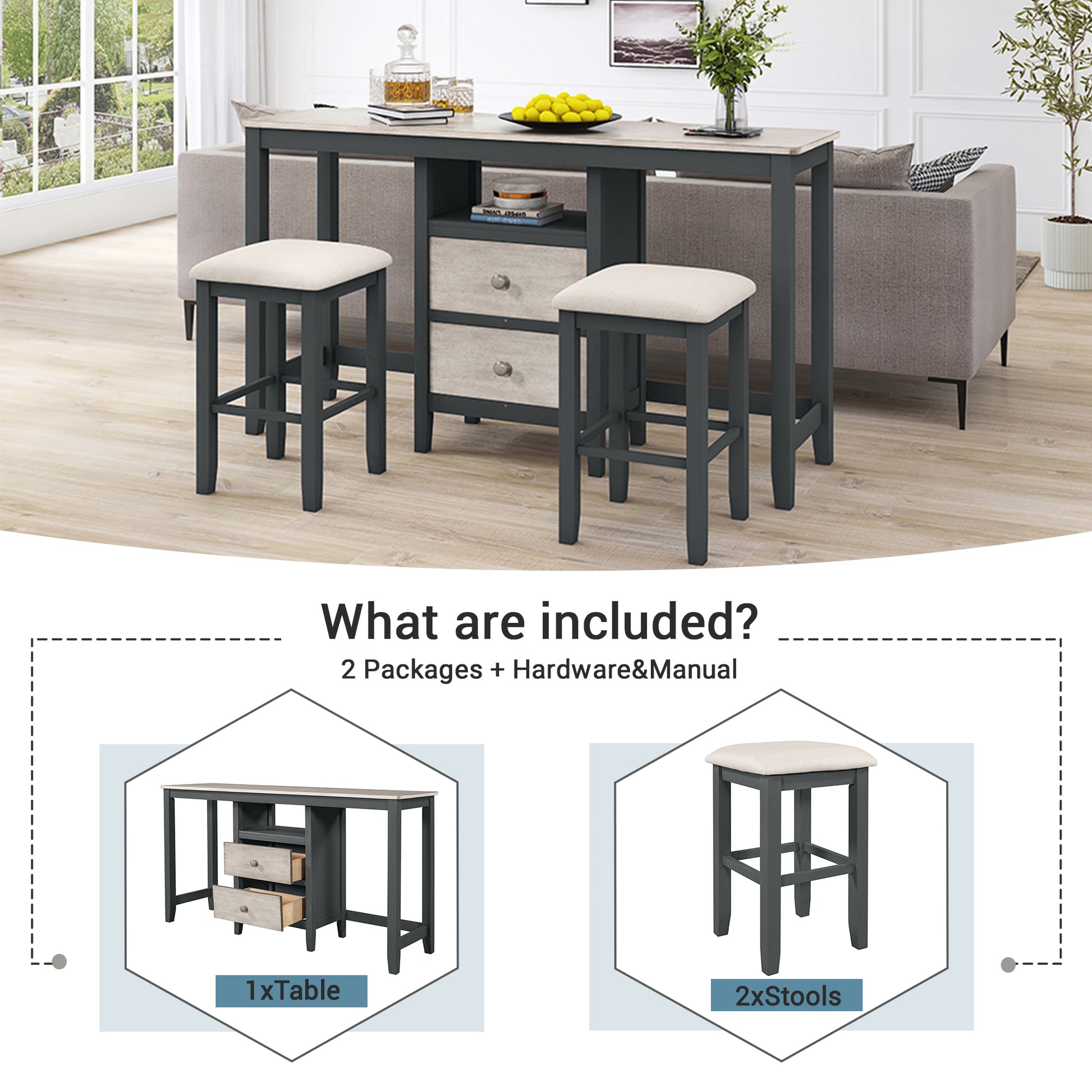 Farmhouse Rustic 3 Piece Counter Height Wood Dining Table Set With Cabinet,2 Storage Drawers And 2 Stools For Small Places, Gray And Distressed Light Gray Upholstered Chair Wood Gray Seats 2 Gray Wood Dining Room Farmhouse Rubberwood Rectangular Foam