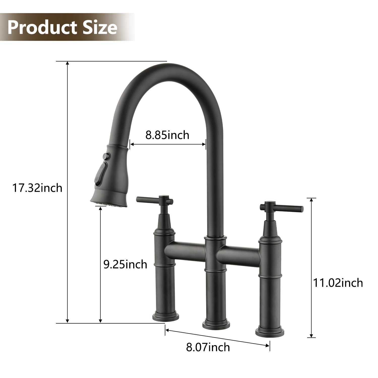 Double Handle Bridge Kitchen Faucet With Pull Down Spray Head Matte Black Stainless Steel