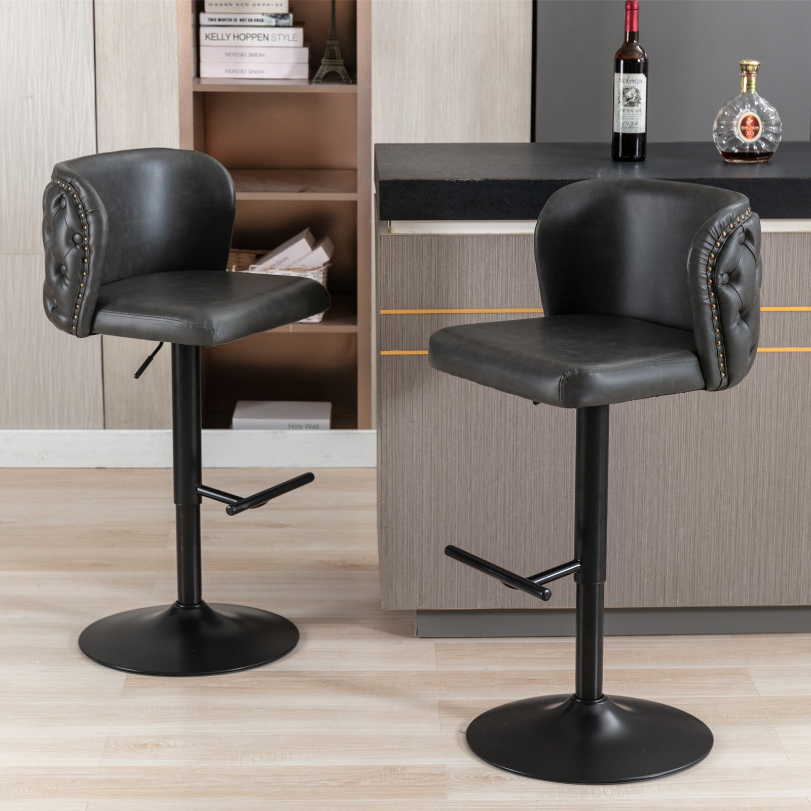 Swivel Barstools Adjusatble Seat Height, Modern Pu Upholstered Bar Stools With The Whole Back Tufted, For Home Pub And Kitchen Island Dark Gray, Set Of 2 Dark Gray Foam Pu Leather