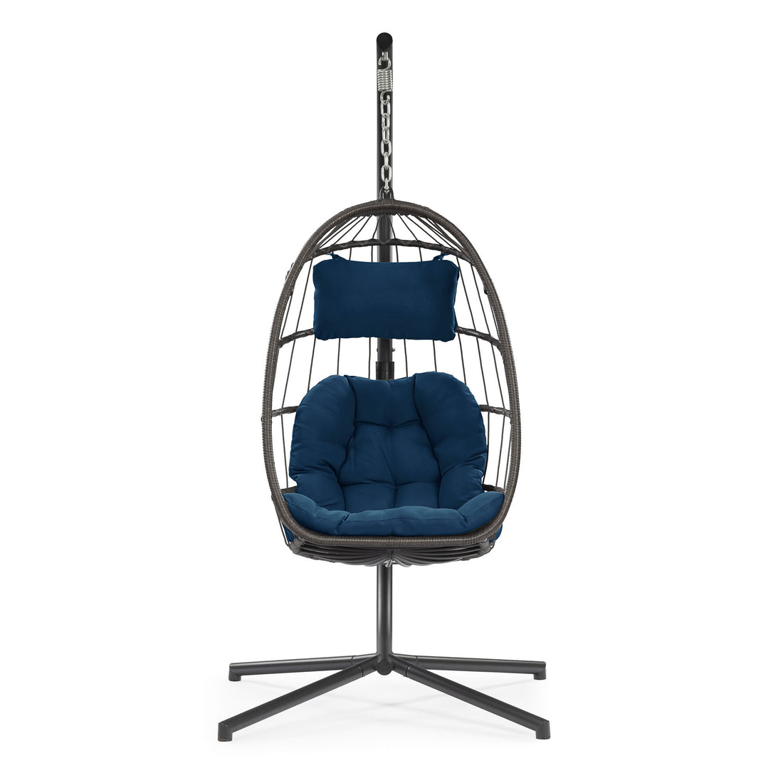 Outdoor Patio Wicker Hanging Chair Swing Chair Patio Egg Chair Uv Resistant Dark Blue Cushion Aluminum Frame Dark Grey Aluminum