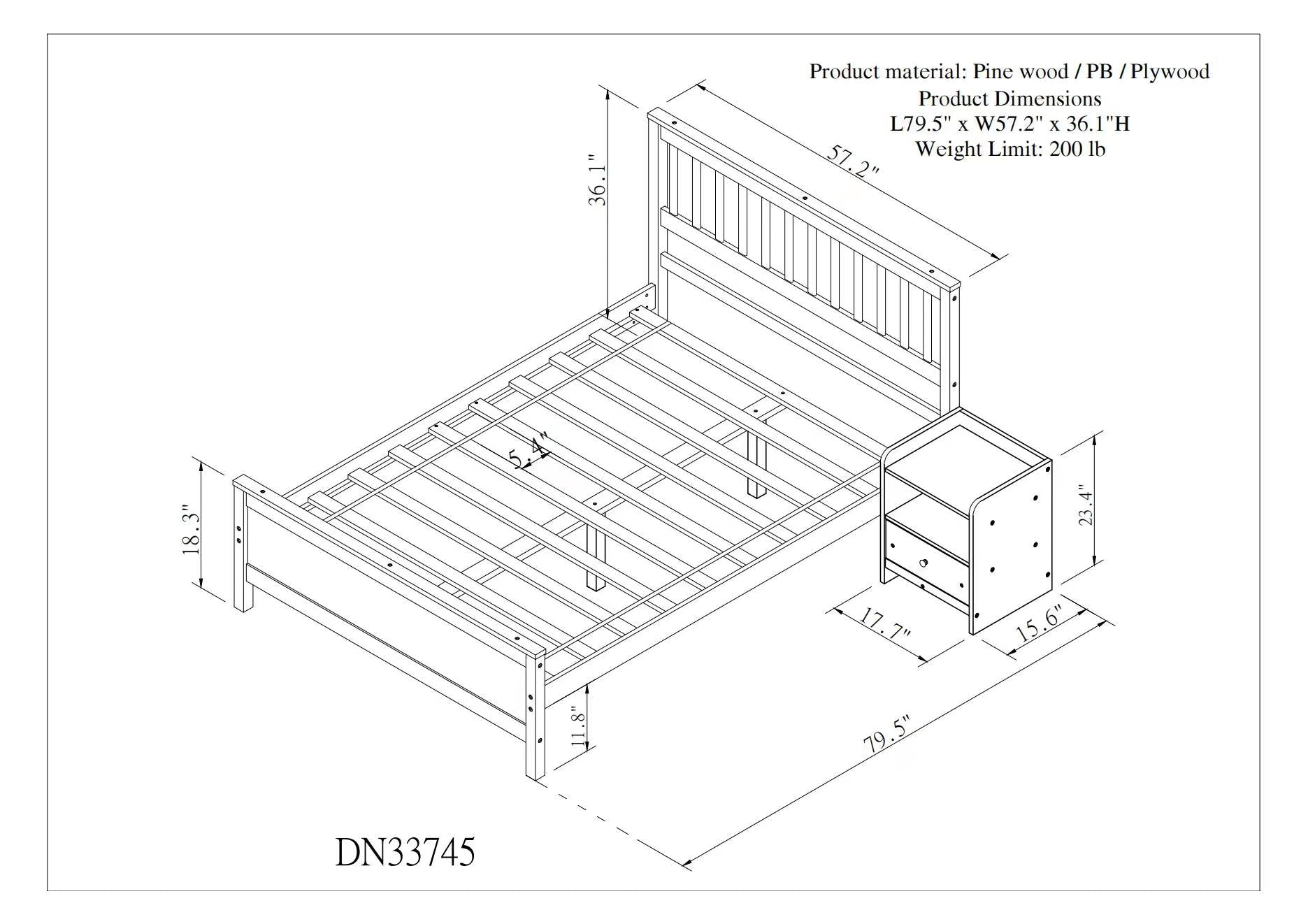 Full Bed With Headboard And Footboard For Kids, Teens, Adults,With A Nightstand ,White White Pine