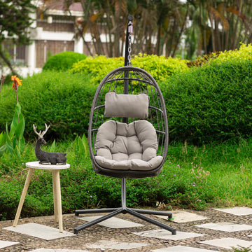 Outdoor Patio Wicker Hanging Chair Swing Chair Patio Egg Chair Uv Resistant Grey Cushion Aluminum Frame Grey Aluminium