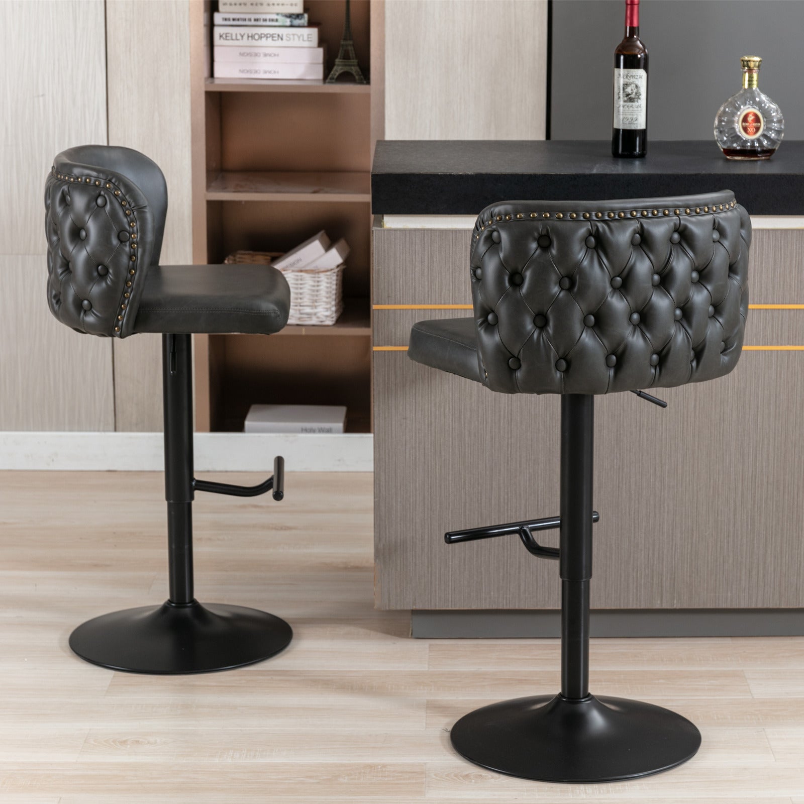 Swivel Barstools Adjusatble Seat Height, Modern Pu Upholstered Bar Stools With The Whole Back Tufted, For Home Pub And Kitchen Island Dark Gray, Set Of 2 Dark Gray Foam Pu Leather