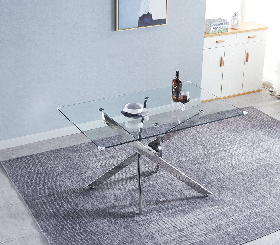Modern Glass Table For Dining Room Kitchen, 0.39" Thick Tempered Glass Top, Chrome Stainless Steel Base Silver Glass