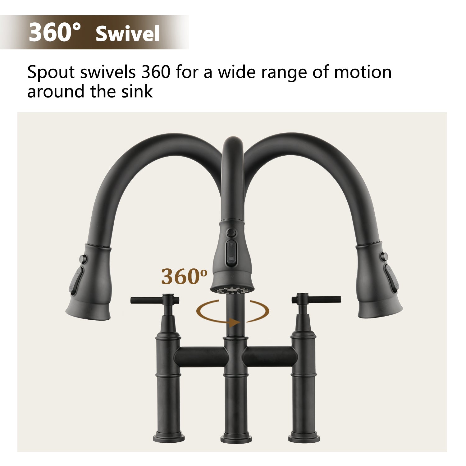 Double Handle Bridge Kitchen Faucet With Pull Down Spray Head Matte Black Stainless Steel