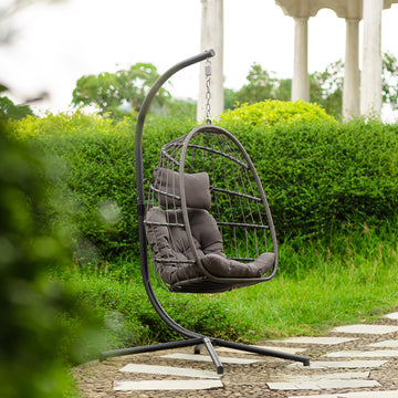 Outdoor Patio Wicker Hanging Chair Swing Chair Patio Egg Chair Uv Resistant Dark Grey Cushion Aluminum Frame Dark Grey Aluminium