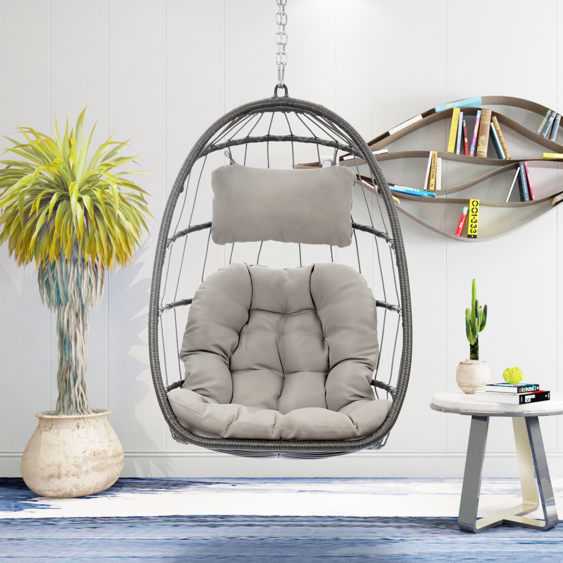 Outdoor Wicker Rattan Swing Chair Hammock Chair Hanging Chair With Aluminum Frame And Grey Cushion Without Stand Dark Grey Aluminium