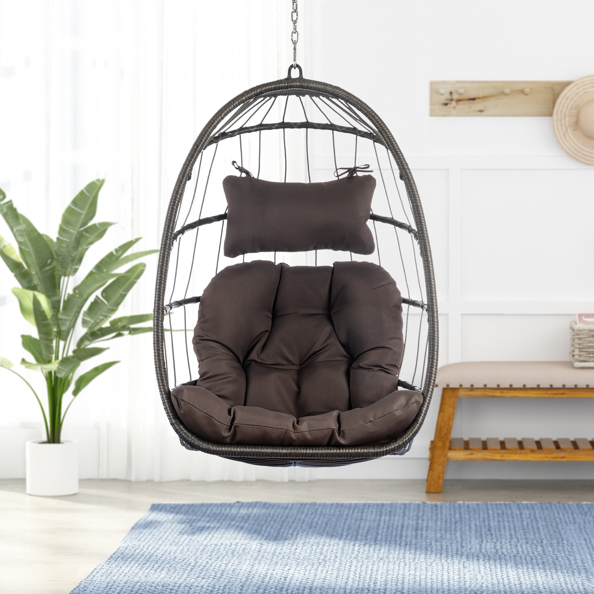 Outdoor Wicker Rattan Swing Chair Hammock Chair Hanging Chair With Aluminum Frame And Dark Grey Cushion Without Stand 265Lbs Capacity Dark Gray Aluminum