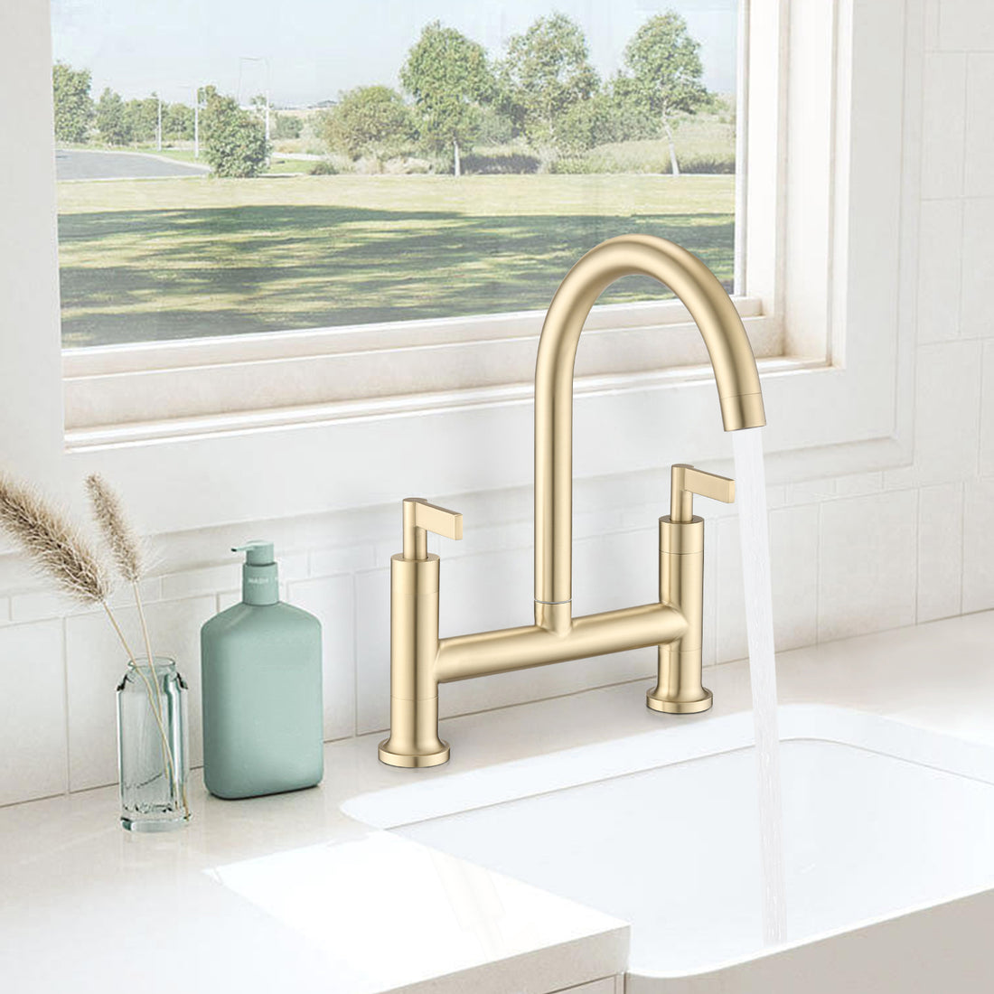 Double Handle Bridge Kitchen Faucet In Stainless Steel Brushed Gold Stainless Steel