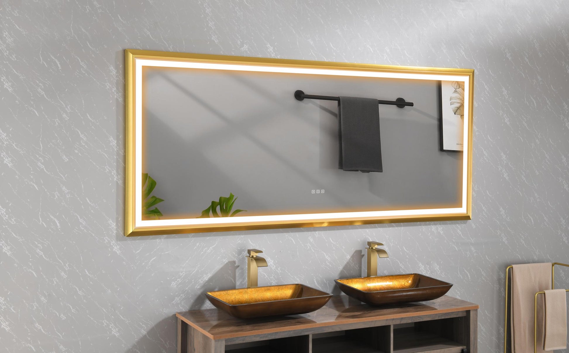 72In. W X 48In. H Oversized Rectangular Black Framed Led Mirror Anti Fog Dimmable Wall Mount Bathroom Vanity Mirror Hd Wall Mirror Kit For Gym And Dance Studio 48X 72Inches With Safety Ba Gold Aluminium