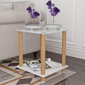 2 Piece White Oak Side Table2 Tier Space End Table ,Modern Night Stand, Sofa Table, Side Table With Storage Shelve White Glass