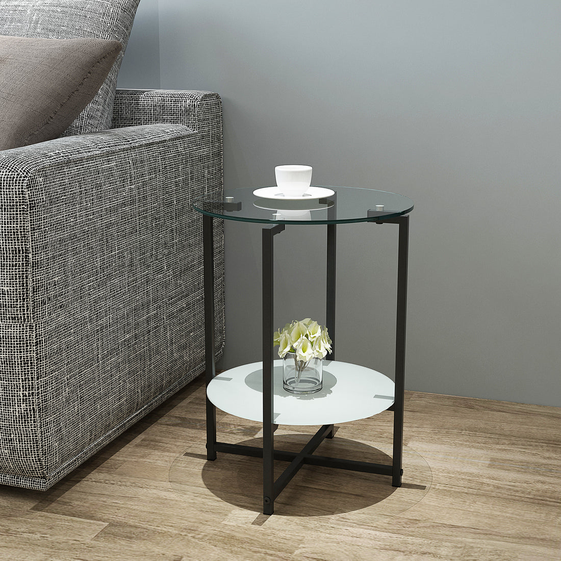 2 Layer Tempered Glass End Table, Round Coffee Table For Bedroom Living Room Office Transparent Glass