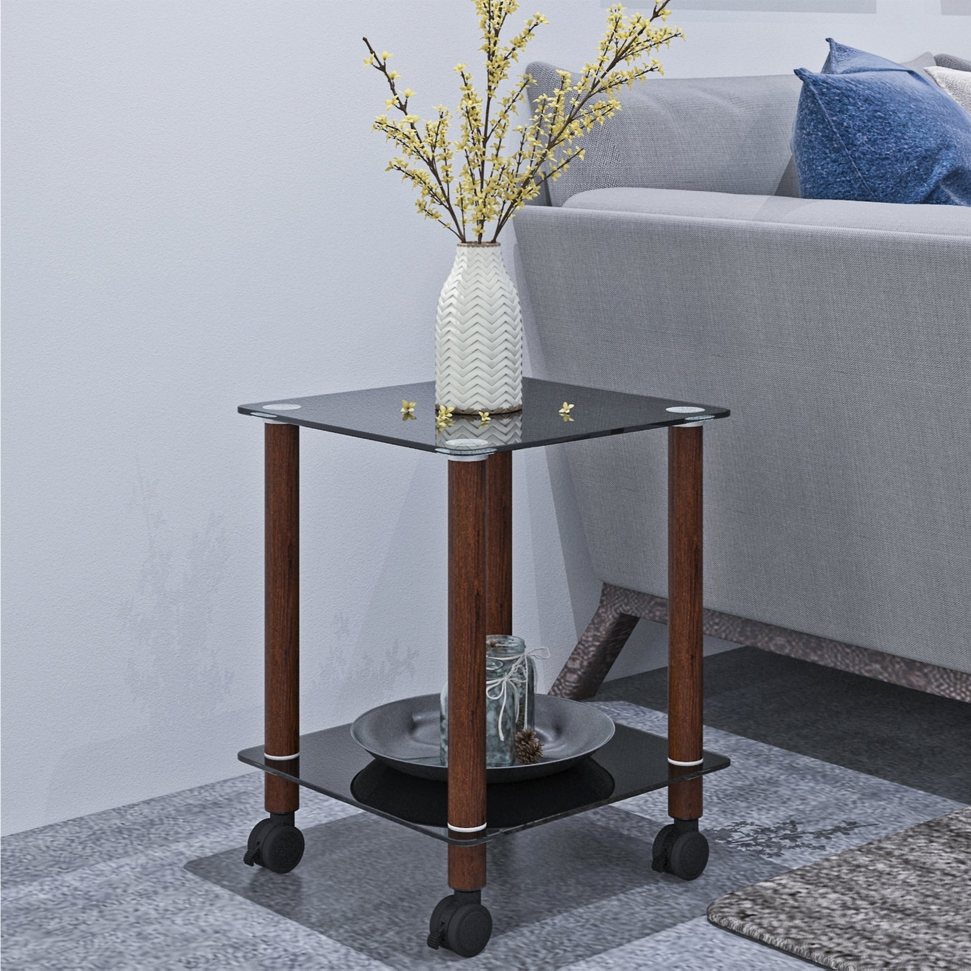 1 Piece Black Walnut Side Table2 Tier Space End Table ,Modern Night Stand, Sofa Table, Side Table With Storage Shelve Black Glass