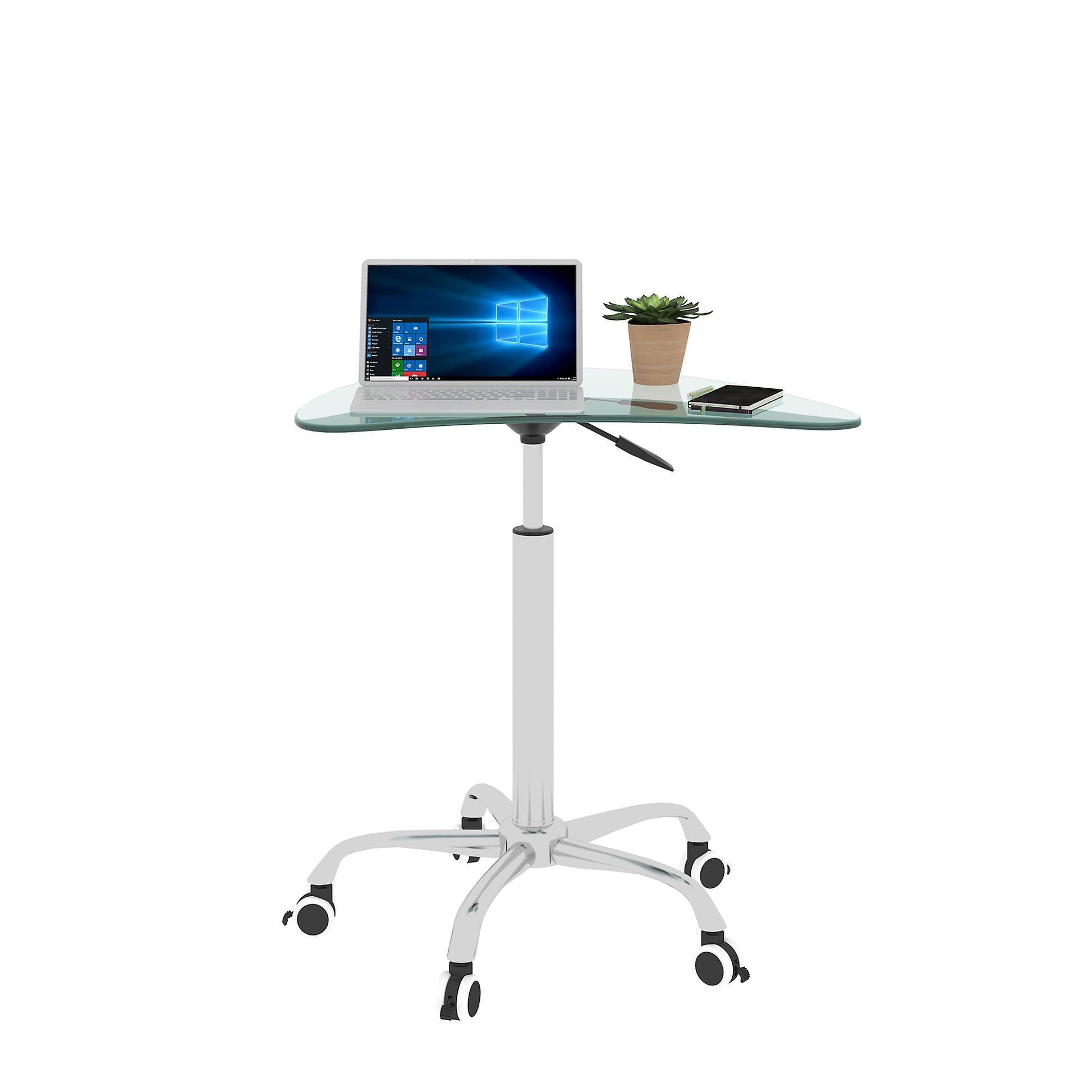 Adjustable Height Transparent Tempered Glass Table Desk Table With Lockable Wheels Adjustable Range 24.2 " 32.7 " Transparent Glass