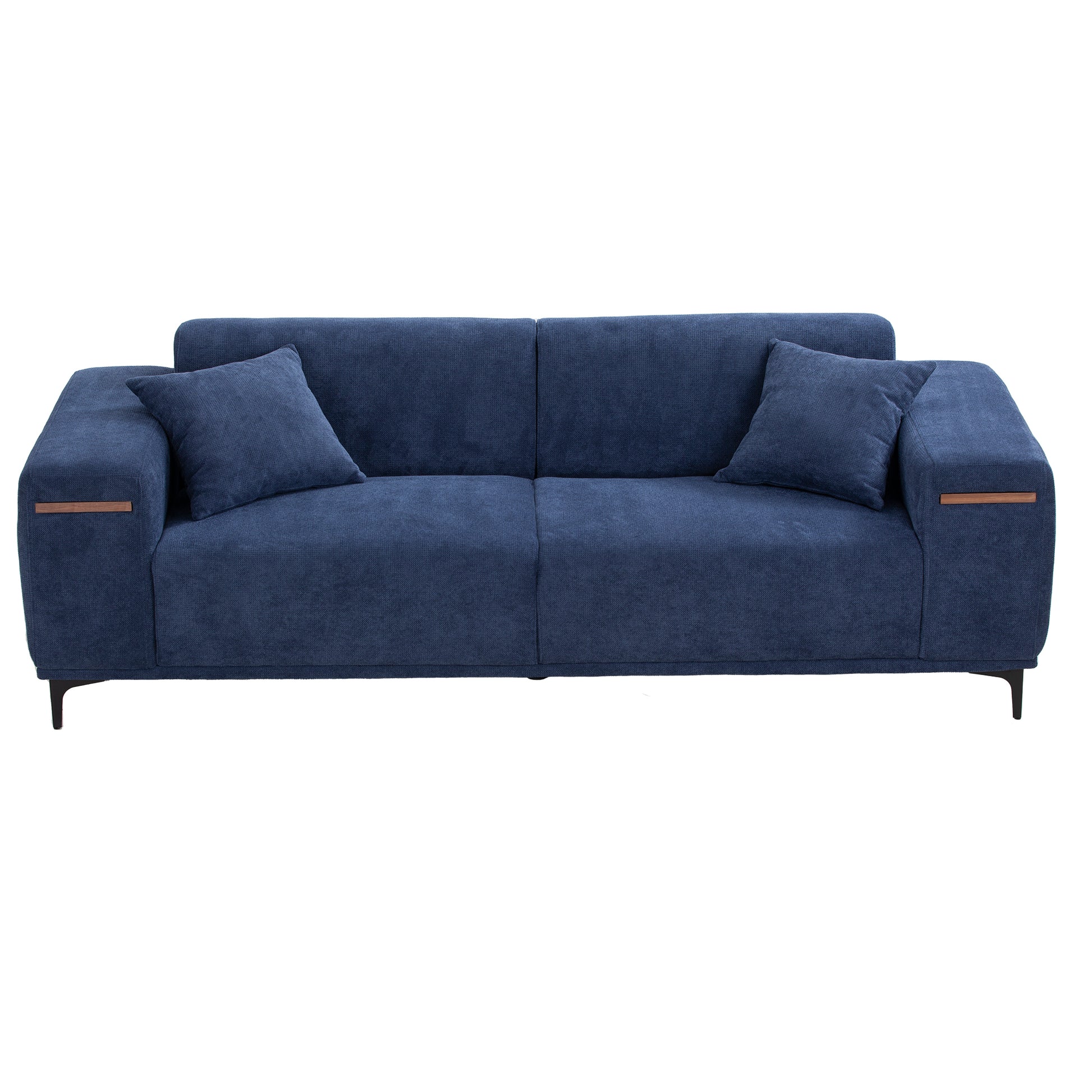 90'' Mid Century 3 Seater Sofa With 2 Stretchable Walnut Pad Modern Fabric Upholstered Sofa For Livingroom Lobby Office Blue Blue Fabric