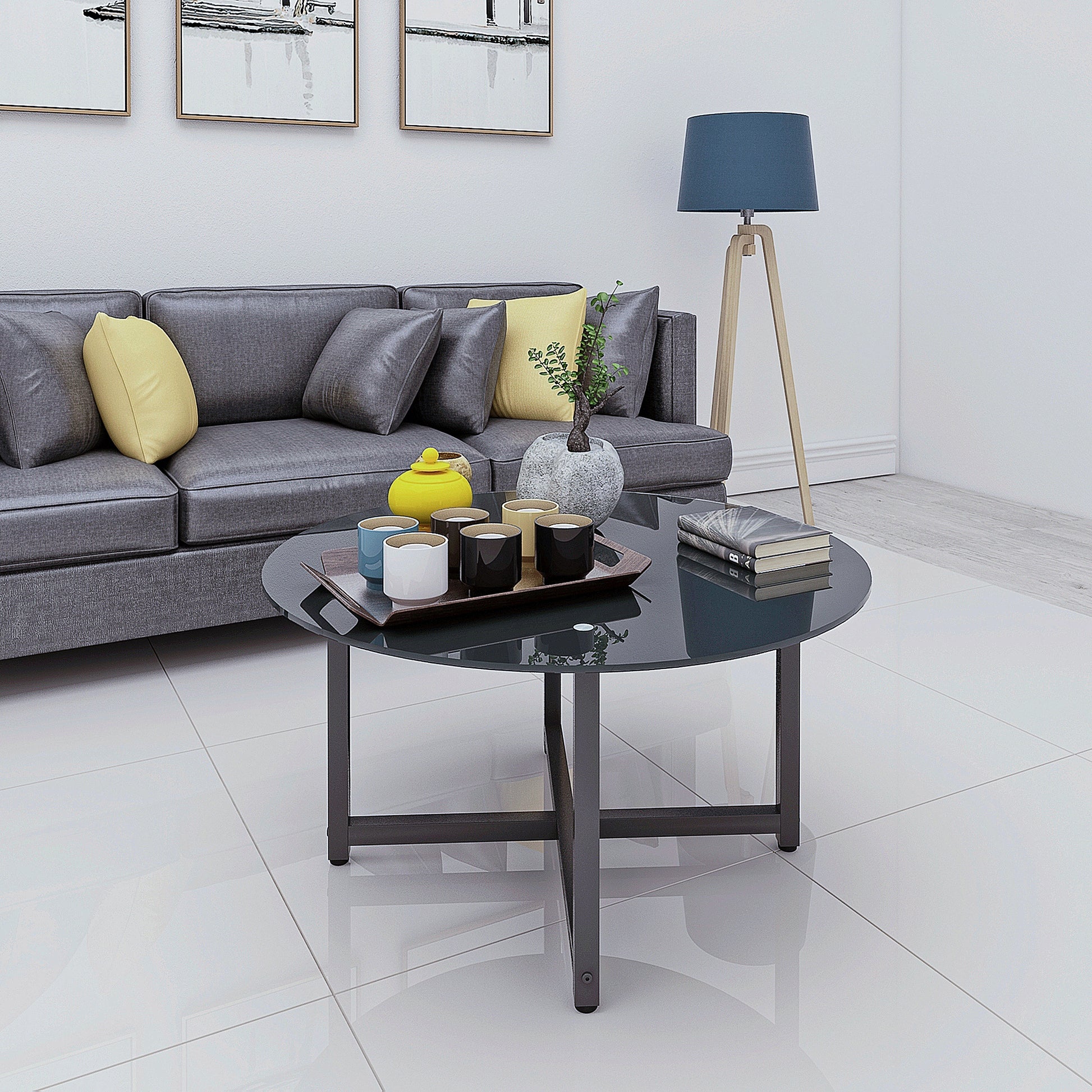 35.5'' Round Whole Black Coffee Table, Clear Coffee Table Modern Side Center Tables For Living Room Living Room Furniture Black Glass