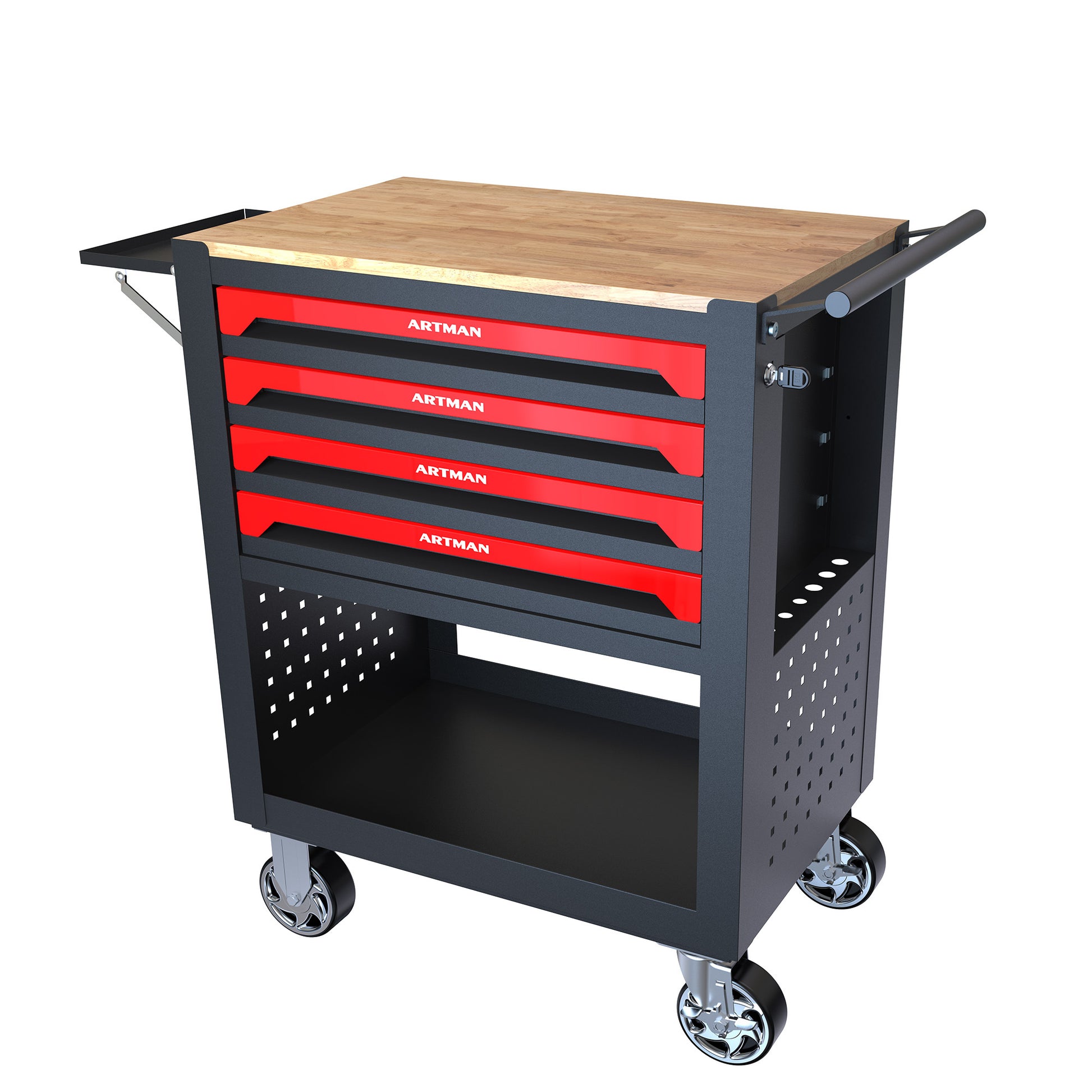 4 Drawers Multifunctional Tool Cart With Wheels And Wooden Top Black Red Metal