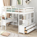 Full Size Loft Bed With Built In Desk With Two Drawers, And Storage Shelves And Drawers,White Box Spring Not Required Full White Wood Bedroom Pine