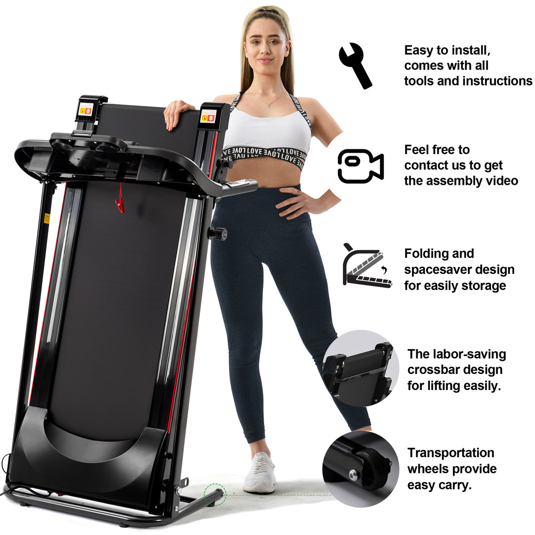 Folding Treadmill With Incline 2.5Hp 12Km H Electric Treadmill For Home Foldable, Bluetooth Music Cup Holder Heart Rate Sensor Walking Running Machine For Indoor Home Gym Exercise Fitness Black